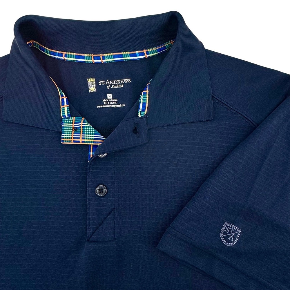 St Andrews of Scotland Mens Navy Blue Tartan Trim Performance Golf Polo Shirt M